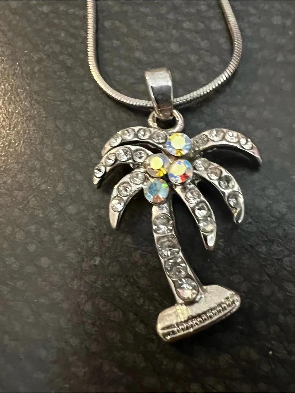 Silver Palm Tree Crystal Pendant Necklace - Silver